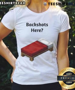 Funny backshot of a Minecraft bed with ladies tee design, showcasing playful graphics and vibrant colors for fans.