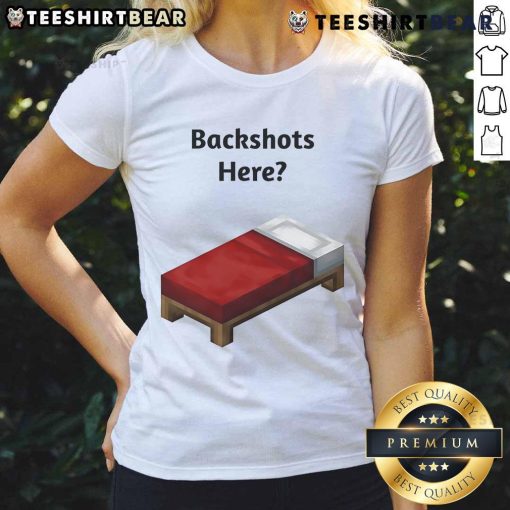 Funny backshot of a Minecraft bed with ladies tee design, showcasing playful graphics and vibrant colors for fans.