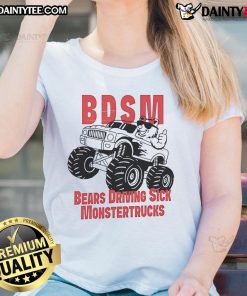 Funny BDSM bears driving monster trucks on a ladies tee, showcasing a playful and unique graphic design.