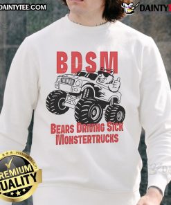 Funny BDSM bears driving sick monster trucks on a vibrant sweatshirt design, perfect for unique fashion lovers.