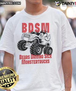 Alt Text: Funny BDSM bears driving sick monster trucks on a quirky T-shirt design, perfect for humor and bear lovers.