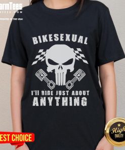 Funny Bikesexual tee for ladies featuring playful text design: 'I'll Ride Just About Anything' for bike lovers.