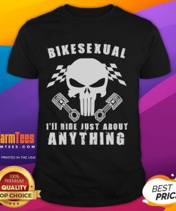 Funny Bikesexual I'll Ride Just About Anything T-Shirt design featuring playful graphics and bold text for bike lovers.