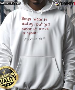 Funny boys wearing hoodies daily while a girl wears hers once a year - humorous take on hoodie fashion trends.