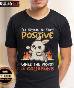 Alt Text: Funny Bunny t-shirt design featuring a rabbit with the phrase I'm Trying To Stay Positive While The World Is Collapsing.