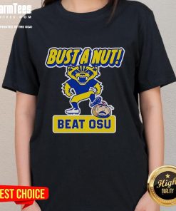 Funny Bust A Nut Beat OSU Michigan Wolverines Ladies Tee showcasing a playful design for fans of Michigan football.