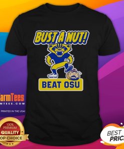 Funny Bust A Nut Beat Osu Michigan Wolverines T-Shirt featuring vibrant graphics and a humorous design for fans.