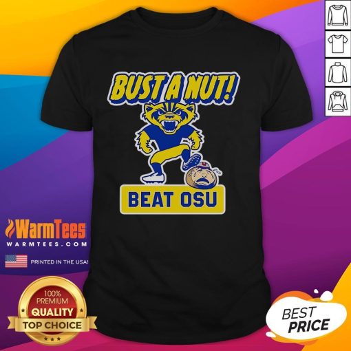 Funny Bust A Nut Beat Osu Michigan Wolverines T-Shirt featuring vibrant graphics and a humorous design for fans.
