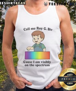 Funny LGBT tank top featuring 'Call My Roy G. Biv' slogan, celebrating visibility on the spectrum with vibrant colors.
