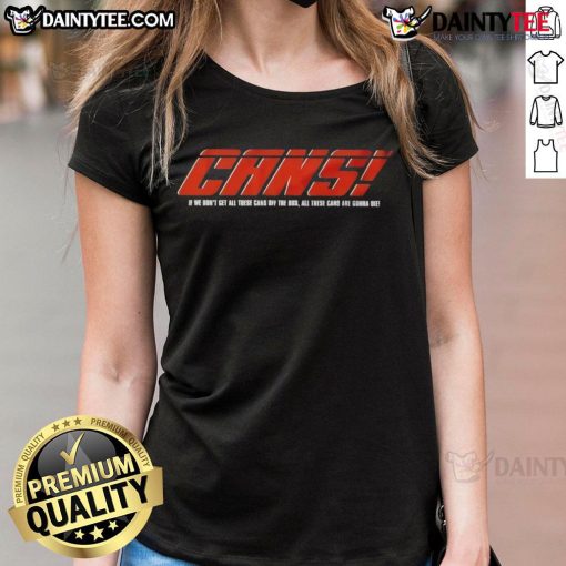 Alt Text: Funny Cars graphic on a ladies tee, featuring a humorous message about cans and a bus, perfect for car enthusiasts.
