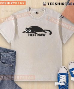 Funny cat in a 'Hell Naw' washed t-shirt, showcasing a humorous expression and vibrant colors.