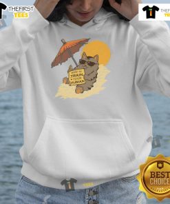 Funny cat wearing a How to Train Your Human hoodie, showcasing humor and feline charm in a playful setting.
