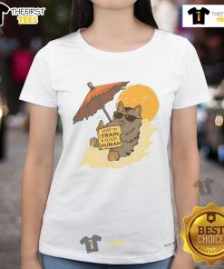 Funny cat illustration on a ladies tee, showcasing tips on how to train your human with humor and charm.