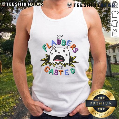Funny cat in a tank top with 'My Flabbers Are Gasted' print, showcasing playful humor and adorable feline charm.