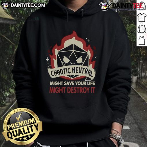 Funny chaotic neutral D&D dice hoodie design, perfect for gamers who embrace the unpredictable side of tabletop adventures.