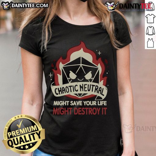 Funny chaotic neutral D&D dice ladies tee featuring whimsical design, perfect for gamers who embrace unpredictability.