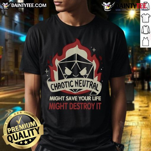 Funny Chaotic Neutral D&D dice T-shirt featuring playful design; perfect for tabletop gamers and RPG enthusiasts.