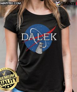 Funny Dalek NASA logo ladies tee featuring a playful design perfect for sci-fi fans and casual wear enthusiasts.