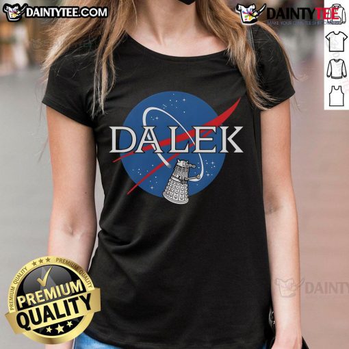 Funny Dalek NASA logo ladies tee featuring a playful design perfect for sci-fi fans and casual wear enthusiasts.