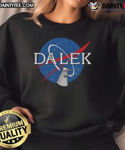 Funny Dalek NASA Logo Sweatshirt featuring a whimsical Dalek design for sci-fi fans and space enthusiasts.