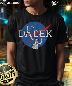 Funny Dalek NASA logo T-shirt featuring a playful Dalek graphic, perfect for sci-fi fans and space enthusiasts.