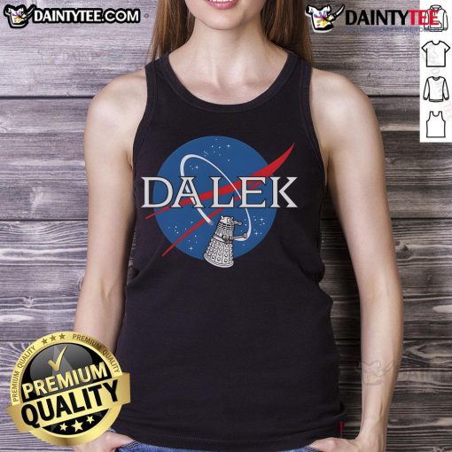 Funny Dalek NASA logo tank top featuring a playful design perfect for sci-fi fans and summer wear.