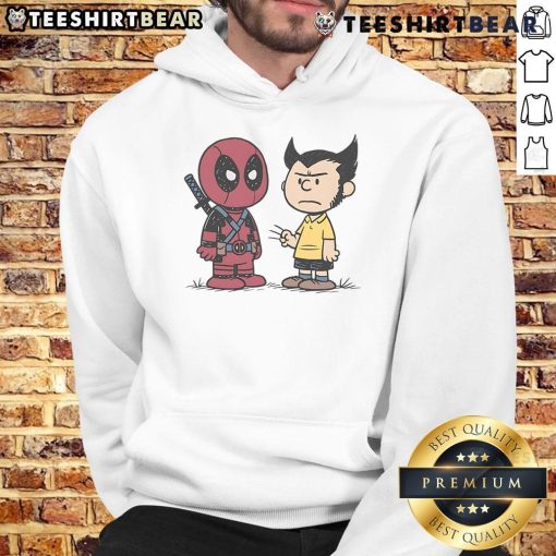 Funny Deadpool and Wolverine angry boys design on a Peanuts hoodie, perfect for comic book fans and casual wear.