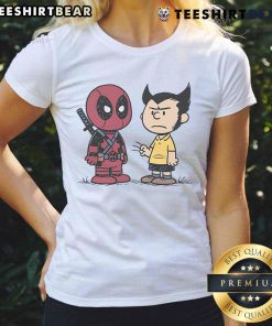 Funny Deadpool and Wolverine angry boys graphic on a Peanuts ladies tee, perfect for comic book fans and casual wear.