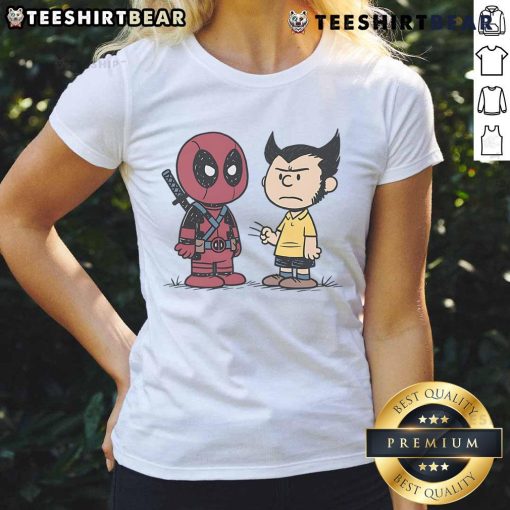 Funny Deadpool and Wolverine angry boys graphic on a Peanuts ladies tee, perfect for comic book fans and casual wear.
