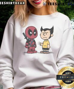 Funny Deadpool and Wolverine Angry Boys Peanuts sweatshirt featuring vibrant comic art and playful characters.