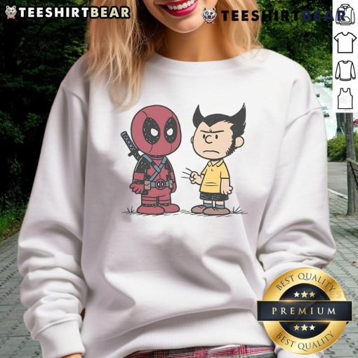 Funny Deadpool and Wolverine Angry Boys Peanuts sweatshirt featuring vibrant comic art and playful characters.