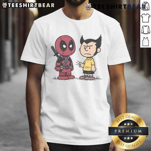 Alt Text: Funny Deadpool and Wolverine Angry Boys Peanuts T-Shirt featuring comic characters in vibrant colors and playful design.