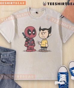 Funny Deadpool and Wolverine angry boys graphic on a Peanuts washed t-shirt, perfect for comic book fans.