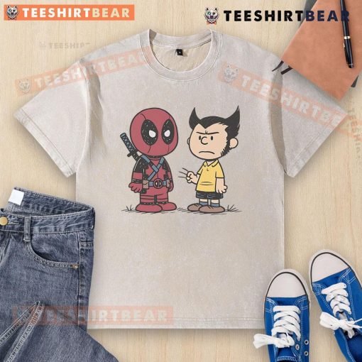 Funny Deadpool and Wolverine angry boys graphic on a Peanuts washed t-shirt, perfect for comic book fans.