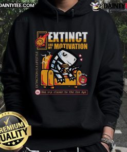 Funny dinosaur hoodie with 'Extinct Like My Motivation, Coffee is Eternal' text, perfect for casual wear and humor.