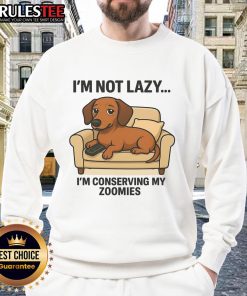 Alt Text: Funny dog in a cozy sweatshirt with the phrase I'm Not Lazy, I'm Conserving My Zoomies for pet lovers.