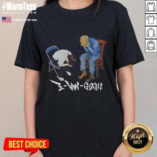 Funny Evangogh and Shinji in a chair meme on a ladies tee, perfect for anime fans and meme lovers.