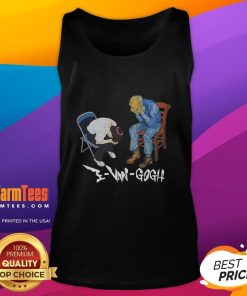 Alt Text: Funny Evangogh and Shinji meme on a tank top, featuring vibrant colors and comical expressions in a chair.