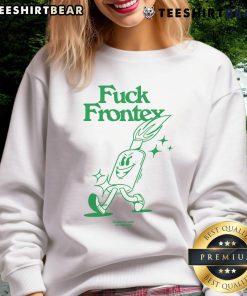 Funny F*ck Frontex sweatshirt promoting solidarity with all migrants, featuring bold text and vibrant colors.