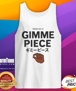 Funny Fredo wearing a 'Gimme a Piece' tank top on TV, showcasing his humorous personality and unique fashion style.