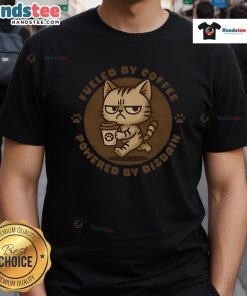 Alt Text: Cute cat graphic on a Fueled By Coffee t-shirt, perfect for coffee lovers and cat enthusiasts.