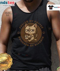 Cute cat graphic on a funny Fueled By Coffee tank top, perfect for cat lovers and coffee enthusiasts.