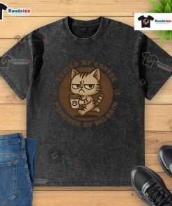 Cute washed t-shirt featuring a funny cat design fueled by coffee, perfect for cat lovers and coffee enthusiasts.