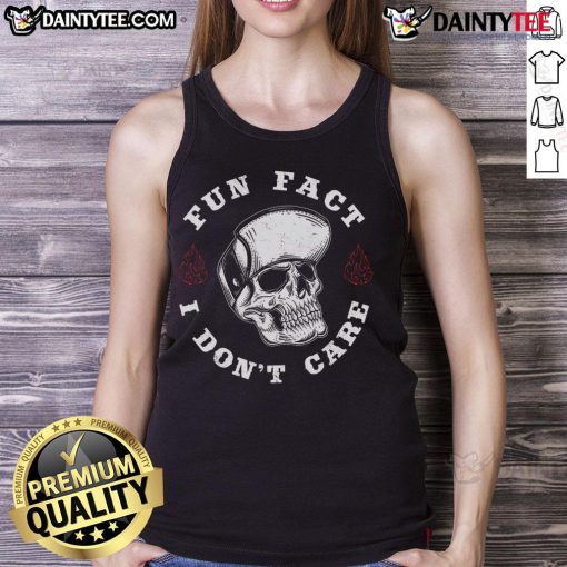Funny skeleton graphic on a sarcastic tank top reading 'I Don't Care' for a humorous fashion statement.
