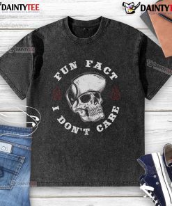 Funny Fun Fact: I Don't Care Skeleton Sarcastic design on a washed t-shirt, perfect for humor lovers and casual wear.