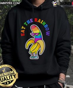 Colorful 'Eat The Rainbow' hoodie featuring a funny gay banana design for Pride celebrations and LGBTQ+ fashion.