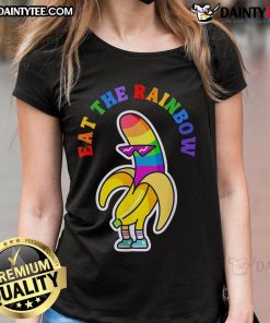 Alt Text: Funny Gay Pride Eat The Rainbow tee featuring colorful banana ladies celebrating LGBTQ+ pride and diversity.