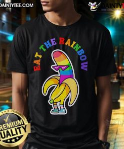 Funny Gay Pride Eat The Rainbow T-Shirt featuring a vibrant gay rainbow banana design, perfect for LGBTQ+ celebrations.