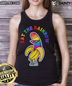 Funny gay pride tank top featuring 'Eat the Rainbow' design with colorful rainbow bananas, perfect for LGBTQ+ celebrations.