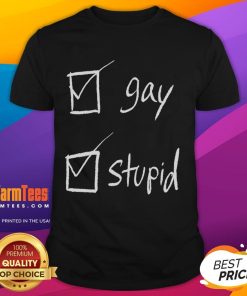 Funny gay stupid check box T-shirt design with humorous graphics and colorful text, perfect for LGBTQ+ pride events.